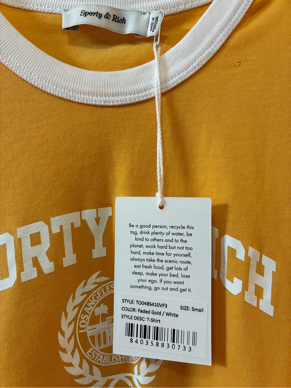 Sporty & Rich Varsity Crest Ringer Tee in Faded Gold